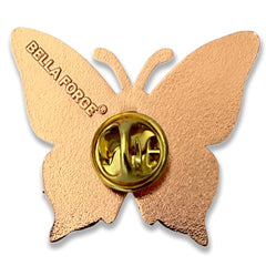 Breast Cancer Awareness Lapel Pin by Bella Forge Pink butterfly-shaped with ribbon with love and hope text, showing back of pin with butterfly clutch on a white background