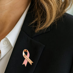 Breast Cancer Awareness Lapel Pin by Bella Forge Pink ribbon shape with hope text shown on a blazer