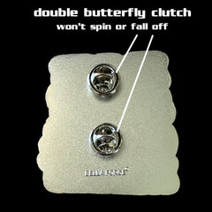 Eat Sleep Cheer Repeat large Cheer pin for backpacks by Bella Forge showing back with two butterfly clutches