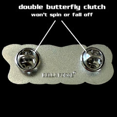 Slay Cheer pin for backpacks by Bella Forge Pink pink glitter white showing back with two butterfly clutches