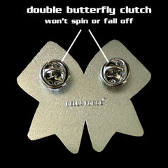 Cheer Bow Silver Glitter with Pink border large Cheer pin for backpacks by Bella Forge showing back with two butterfly clutches
