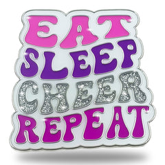 Eat Sleep Cheer Repeat large Cheer pin for backpacks by Bella Forge on white background