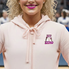 Hit Zero large Cheer pin for backpacks by Bella Forge Pink Purple White Purple Glitter Stars on hoodie