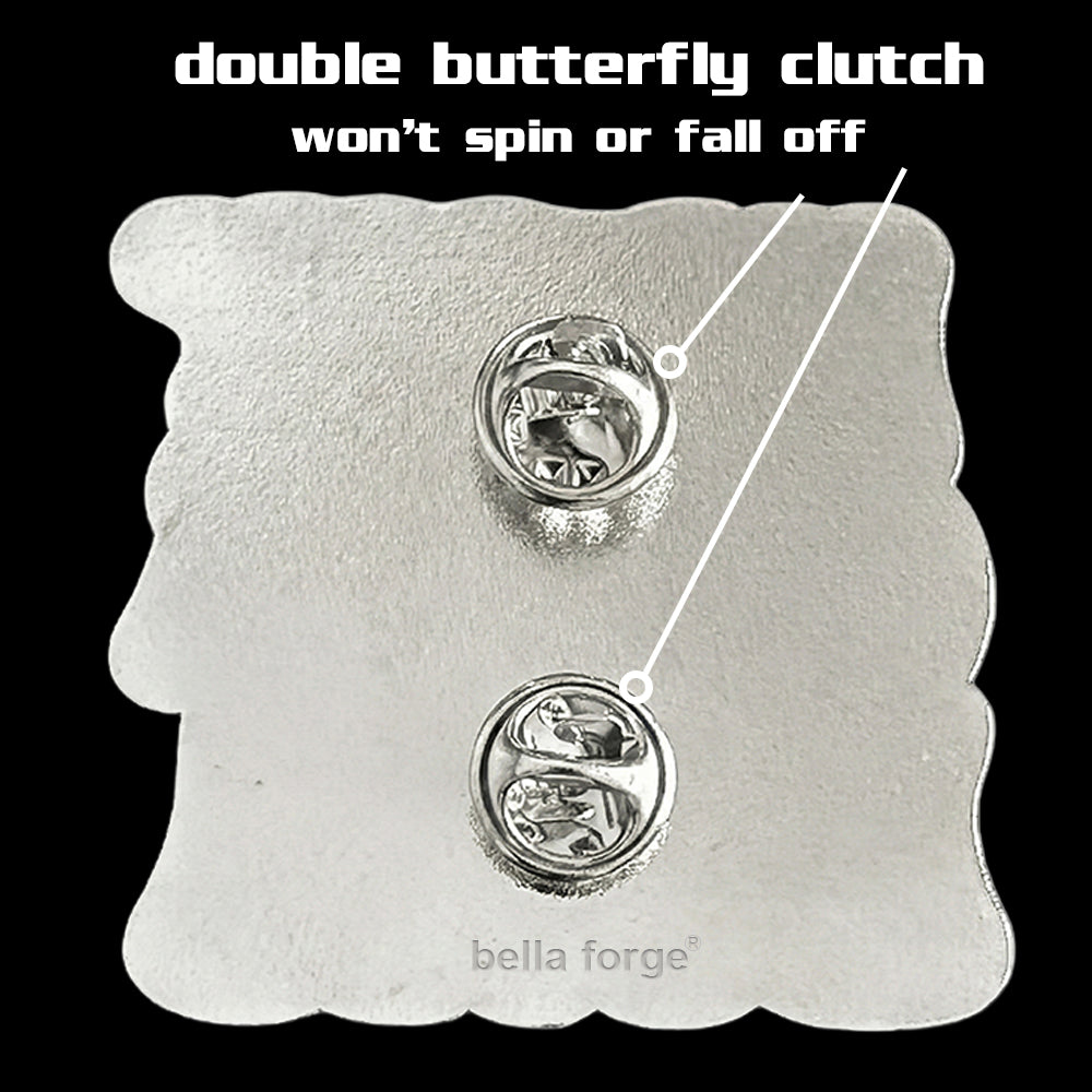 In My Cheer Era Cheer pin for backpacks by Bella Forge Pink Purple White with glitter showing back with two butterfly clutches