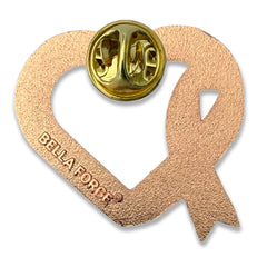 Breast Cancer Awareness Lapel Pin by Bella Forge Pink heart-shaped ribbon with engraved text on a white background showing the back with butterfly clutch