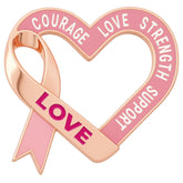 Breast Cancer Awareness Lapel Pin by Bella Forge Pink heart-shaped ribbon with engraved text on a white background