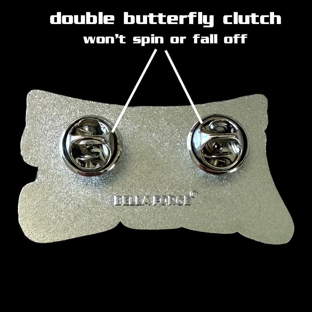Five Six Seven Ate Cheer pin for backpacks by Bella Forge Pink pink white silver glitter and black showing back with two butterfly clutches