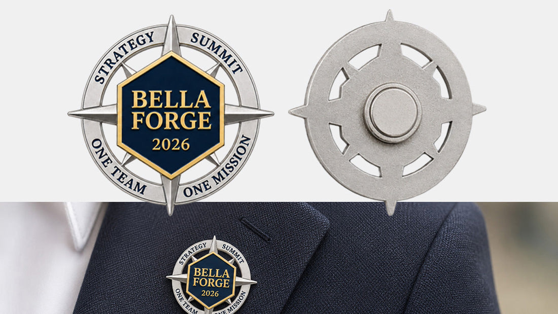Custom Bella Forge 2026 strategy summit lapel pin shown from the front, back with magnetic attachment, and worn on a navy suit lapel.