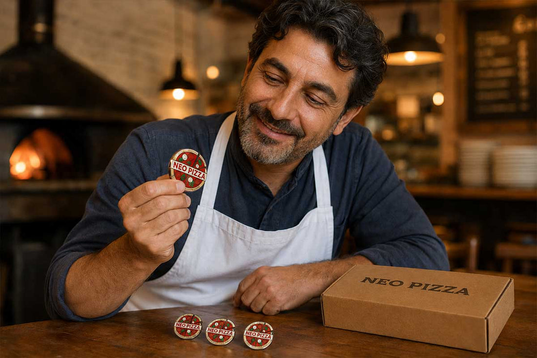 Pizza shop owner in an apron smiling at a custom pizza enamel pin beside a box of matching pins by Bella Forge