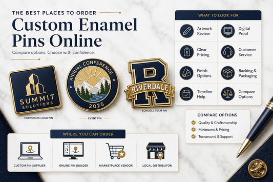 Custom enamel pins online ordering guide showing corporate, event, and school pin examples with key buying factors like artwork review, digital proofing, clear pricing, finish options, backing choices, packaging, timeline help, and supplier comparison.