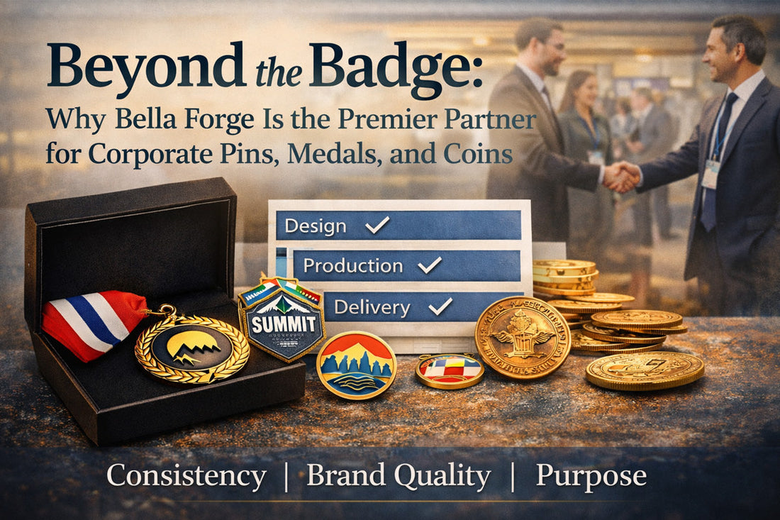 A display of custom corporate pins, medals, and coins including a gold medal in a presentation box and engraved coins, with a blurred background of business professionals shaking hands, symbolizing quality, consistency, and corporate partnership.