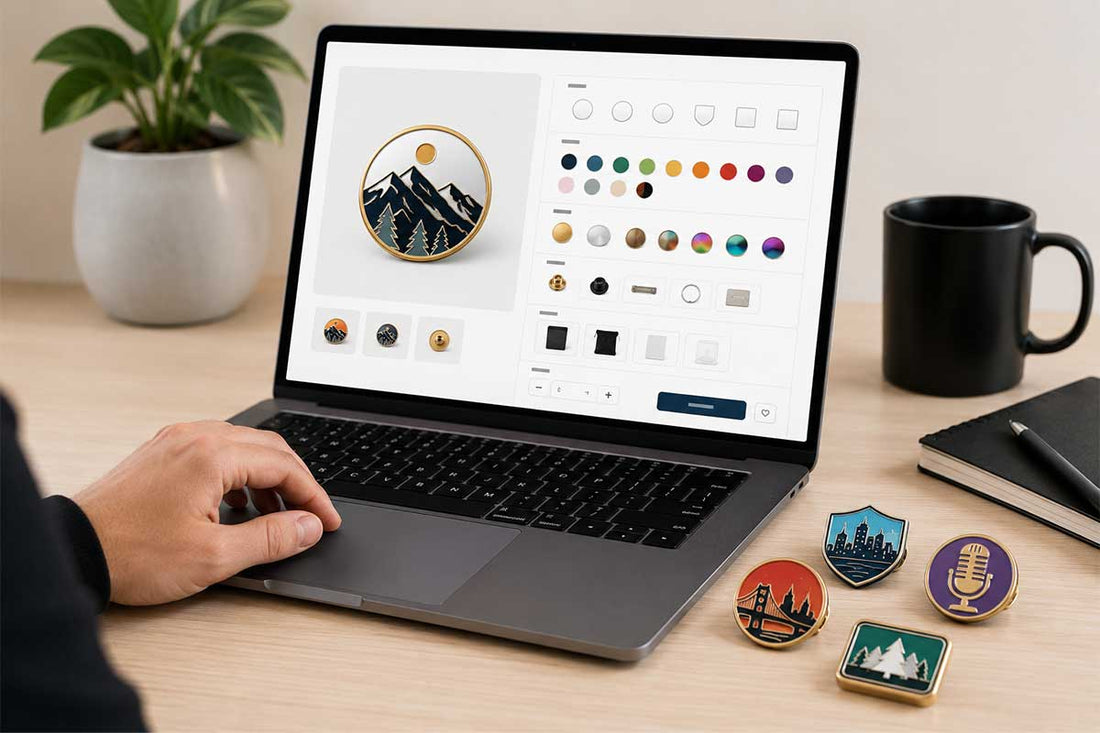 Person using an online pin builder to compare custom event pin options with finished enamel pin samples on a desk by Bella Forge