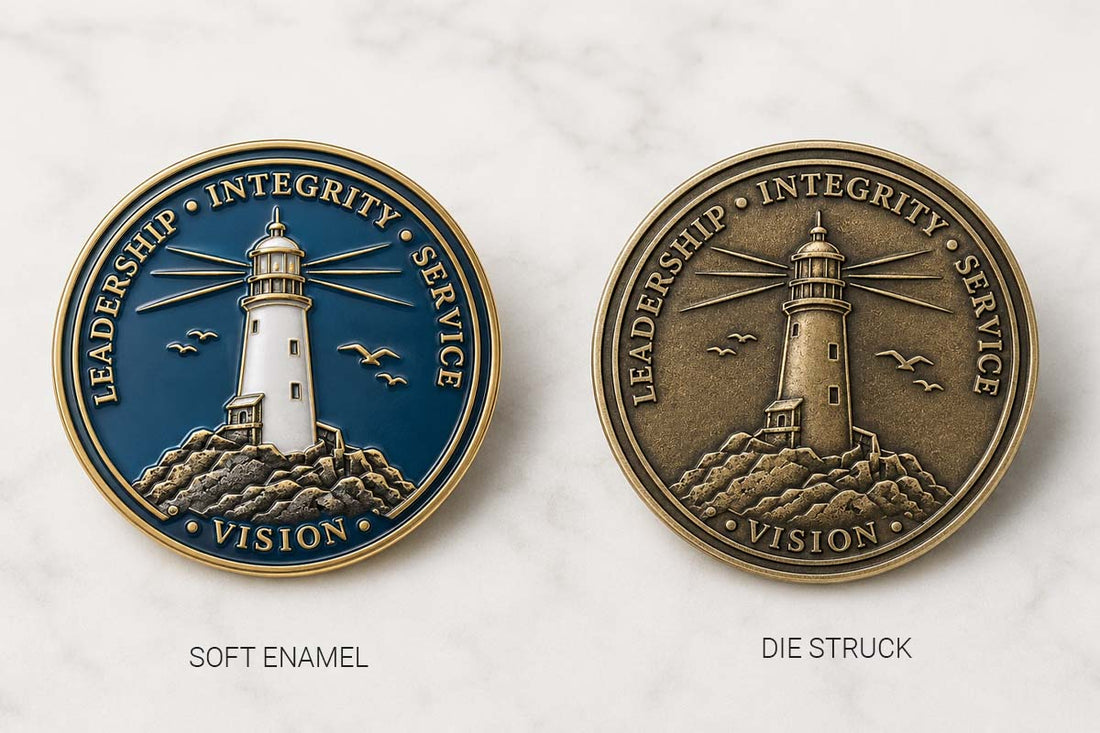 **SEO alt text:** Soft enamel and die struck custom lapel pins with matching lighthouse design for comparing custom pin pricing and finish options by Bella Forge.