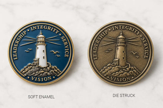 **SEO alt text:** Soft enamel and die struck custom lapel pins with matching lighthouse design for comparing custom pin pricing and finish options by Bella Forge.
