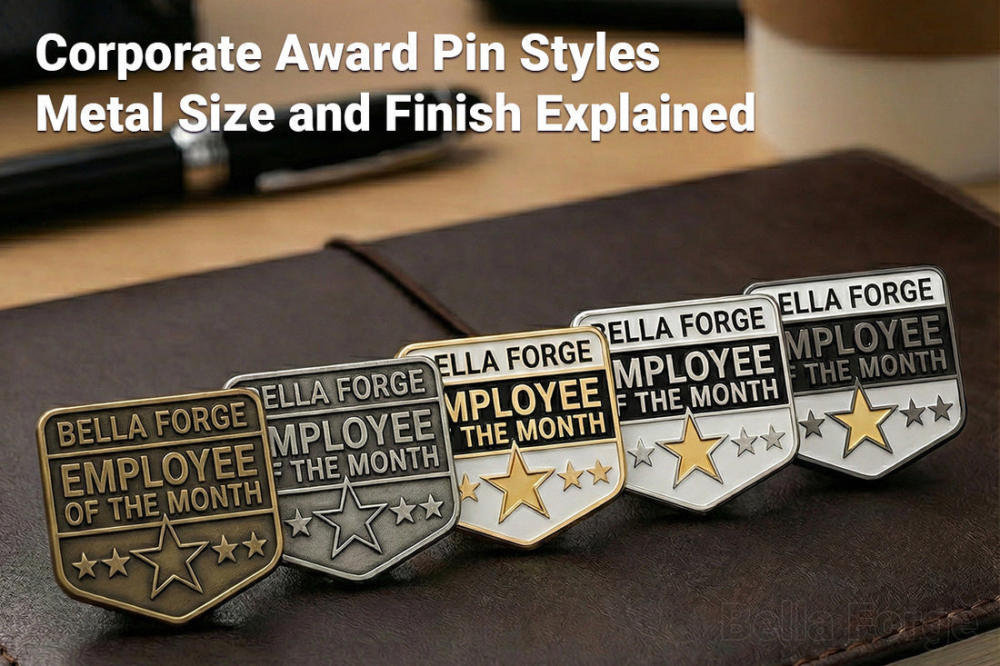 Corporate award pins showing different metal finishes and enamel styles for employee recognition by Bella Forge