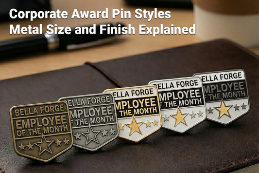 Corporate award pins showing different metal finishes and enamel styles for employee recognition by Bella Forge