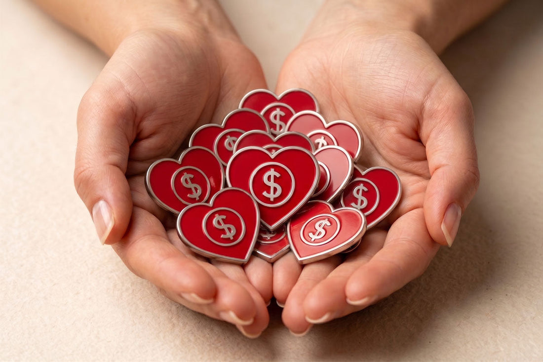 Giving hands holding pins used for fundraisers.  Custom Pins for Fundraisers