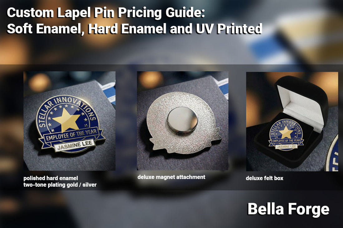 Bella Forge Custom Lapel Pin Pricing Guide Image showing hard enamel pin with deluxe magnet attachment and felt box
