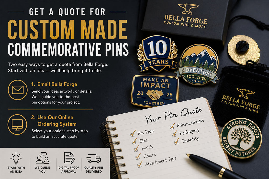 Custom made commemorative pins with Bella Forge packaging, a notebook quote checklist, and text explaining two ways to get a pin quote by Bella Forge