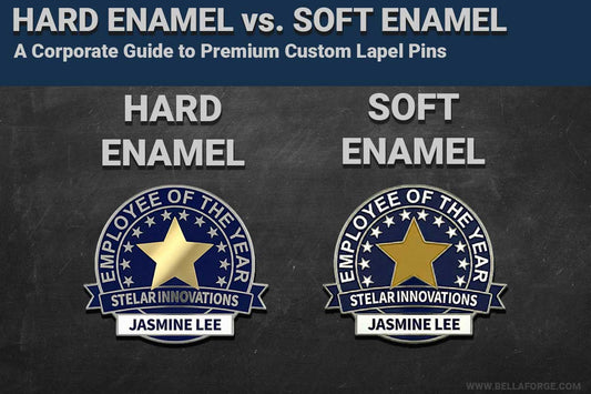 Hard enamel vs soft enamel custom lapel pins comparison showing two corporate recognition pin styles with different enamel finishes.