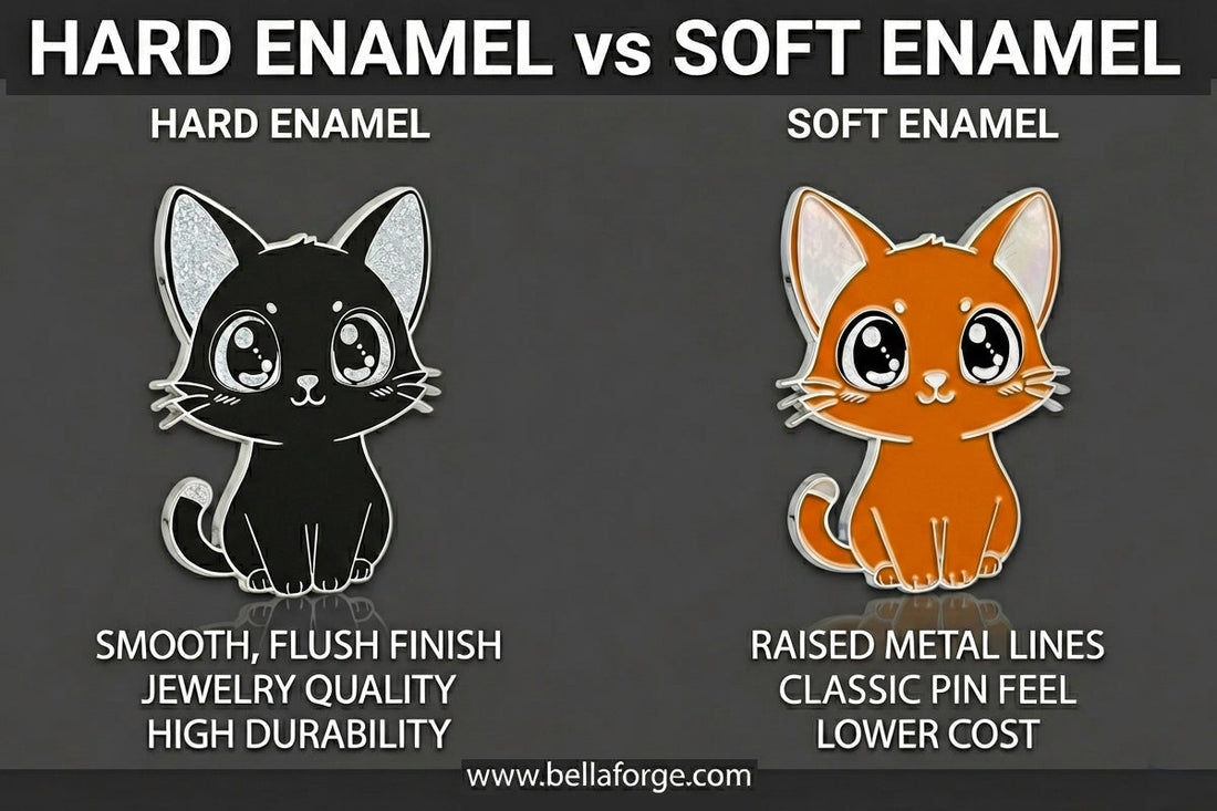 Comparison of hard enamel and soft enamel custom pins showing texture and finish differences by Bella Forge