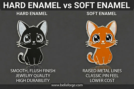 Comparison of hard enamel and soft enamel custom pins showing texture and finish differences by Bella Forge