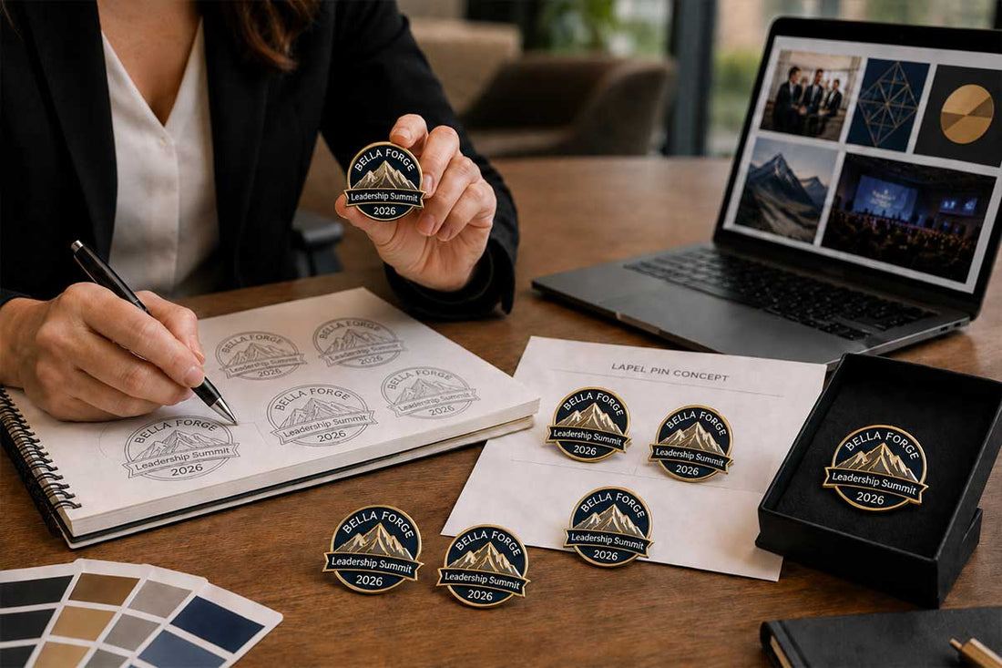 Woman designing a premium BELLA FORGE Leadership Summit 2026 custom enamel lapel pin with a mountain design, gold metal finish, white enamel text, UV printed details, sketches, concept proofs, and finished pins on a professional desk.