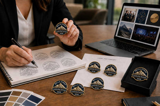 Woman designing a premium BELLA FORGE Leadership Summit 2026 custom enamel lapel pin with a mountain design, gold metal finish, white enamel text, UV printed details, sketches, concept proofs, and finished pins on a professional desk.