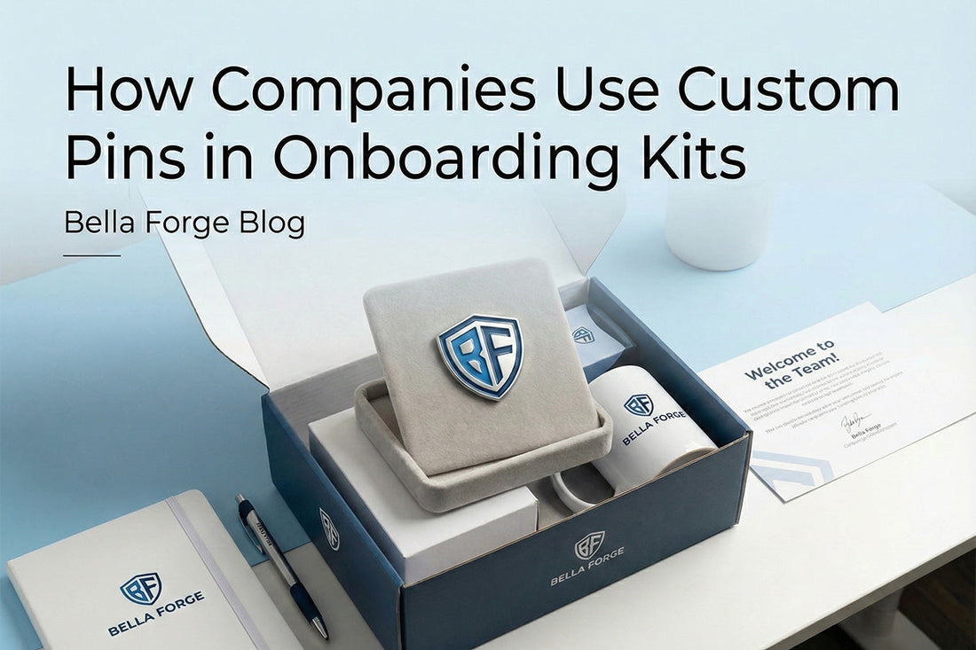 Custom company pins for employee onboarding kits showing logo and culture designs by Bella Forge