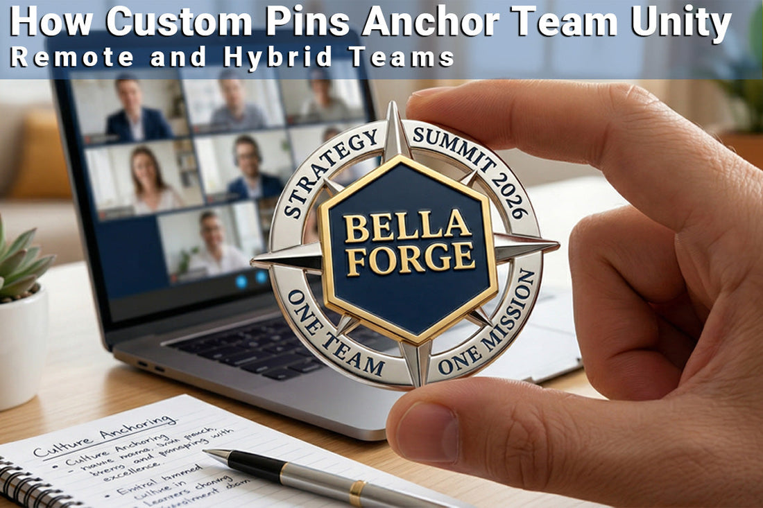 Hand holding a custom Bella Forge Strategy Summit 2026 pin with a remote team video call on a laptop in the background.