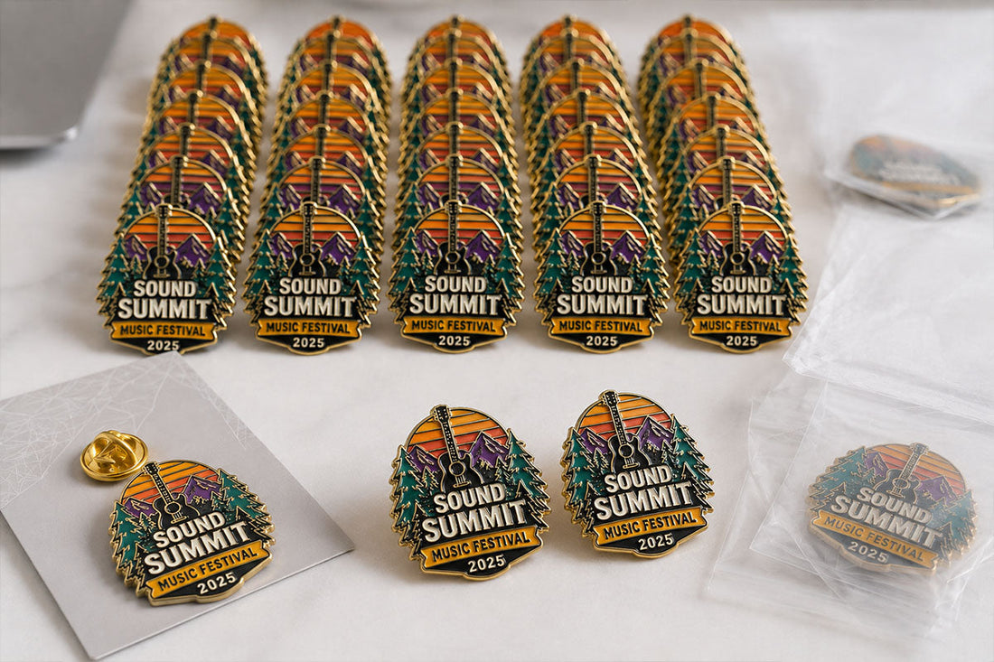 Bulk custom soft enamel pins by Bella Forge arranged in neat rows with a few loose pins in front on a clean desk scene