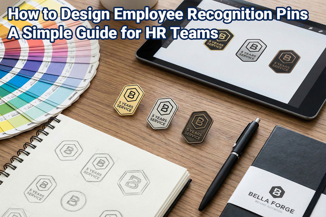 Professional employee recognition pins for HR teams showing service awards and corporate milestone designs by Bella Forge