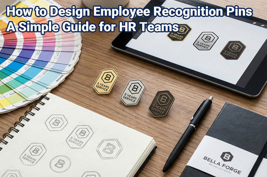 Professional employee recognition pins for HR teams showing service awards and corporate milestone designs by Bella Forge