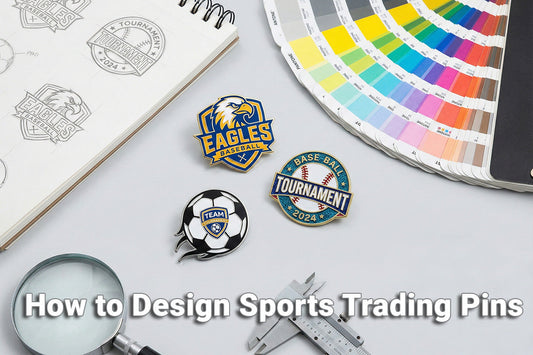 Colorful sports trading pins design guide showing team logos mascots and custom shapes by Bella Forge