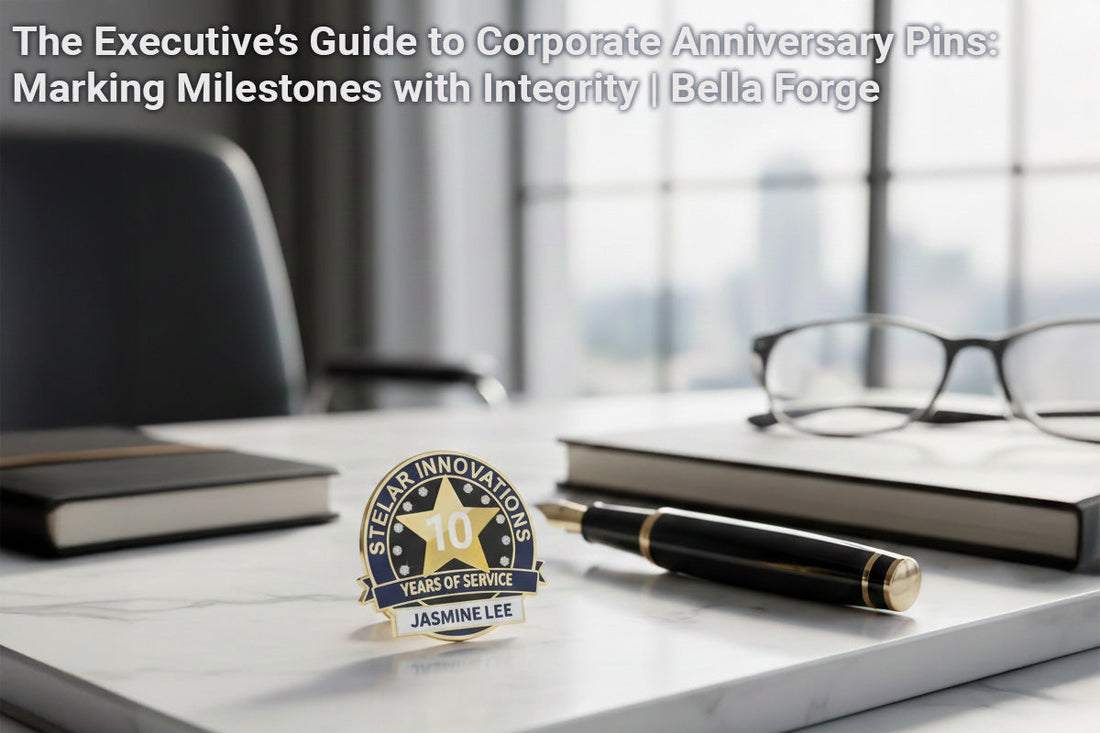 Premium corporate anniversary pins showing tiered milestone recognition program with gold and silver finishes by Bella Forge