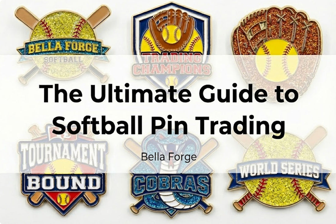 Custom softball trading pins with glitter and team logos for tournament pin trading by Bella Forge
