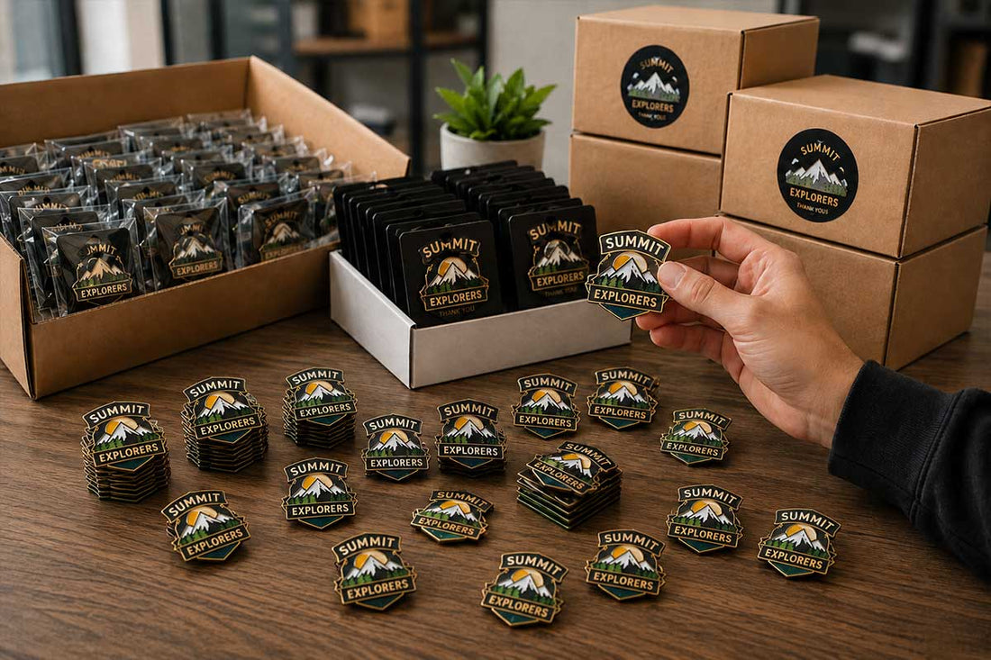 Hand holding a custom enamel pin beside a bulk order of enamel pins, backing cards, and shipping boxes on a packing table by Bella Forge