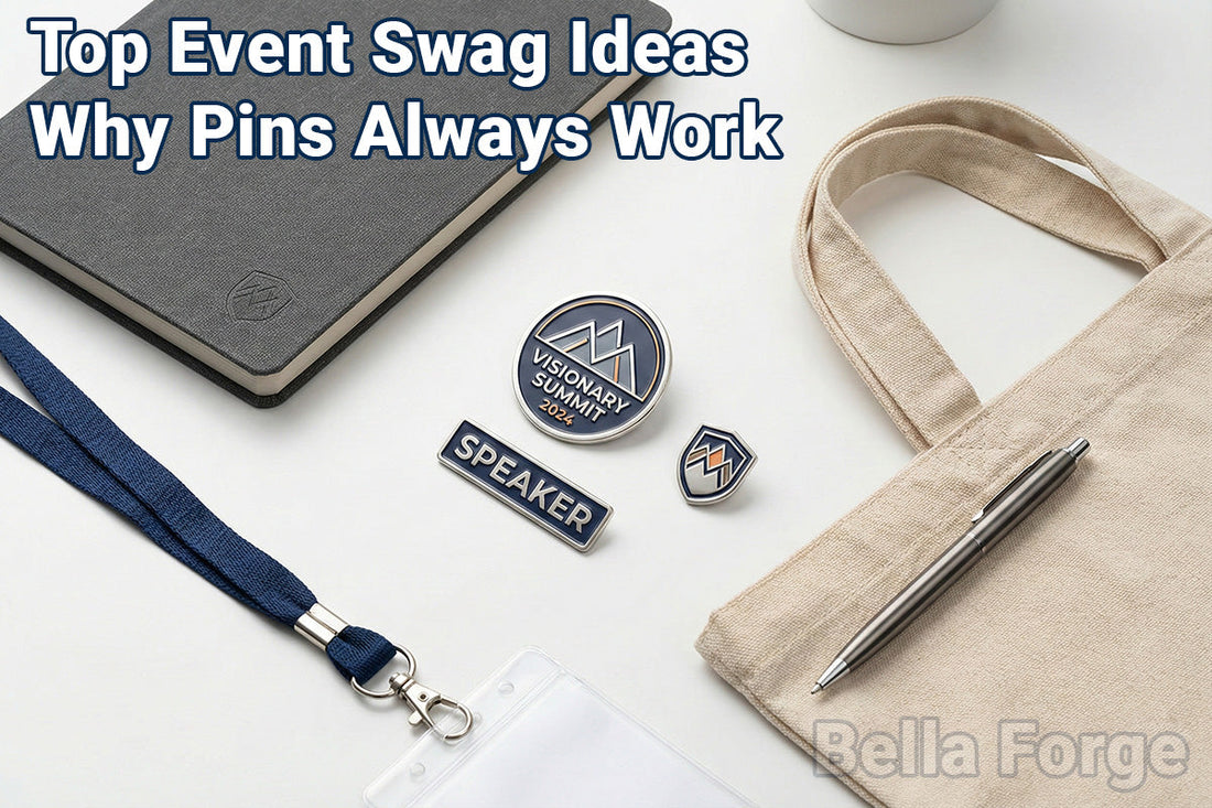 Custom event swag pins for conferences and corporate retreats displayed with colorful designs by Bella Forge