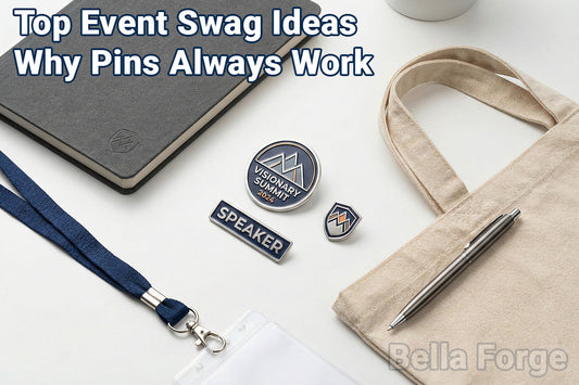 Custom event swag pins for conferences and corporate retreats displayed with colorful designs by Bella Forge