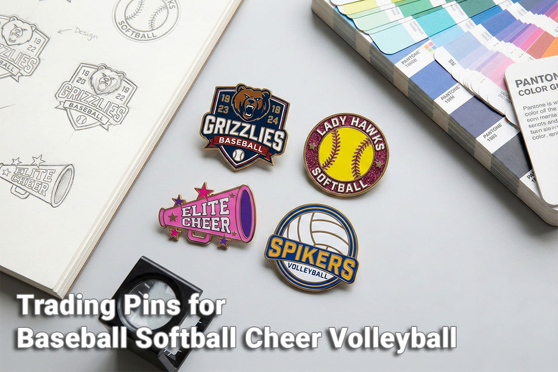 Custom trading pins for baseball softball cheer and volleyball teams displayed with colorful designs and team mascots by Bella Forge