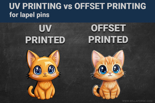 Comparison of UV printing and offset printing methods for custom lapel pins showing color quality and detail by Bella Forge