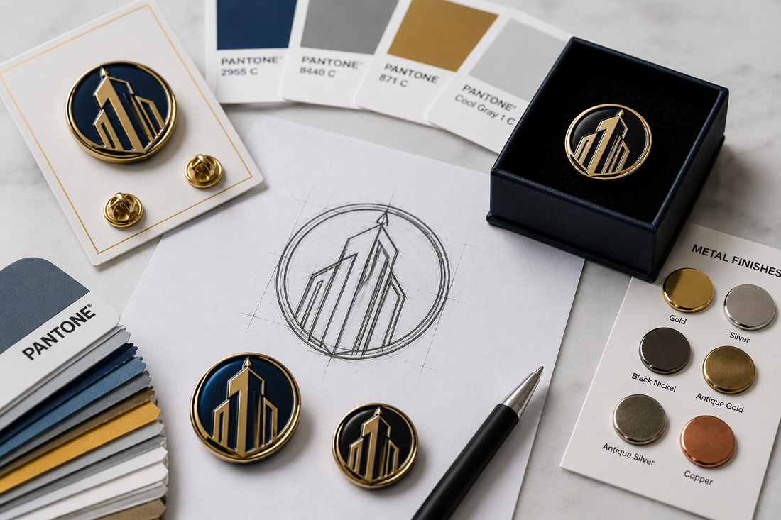 Custom lapel pin planning workspace with enamel pin samples, Pantone color cards, metal finish options, packaging, and a logo sketch on a marble surface.
