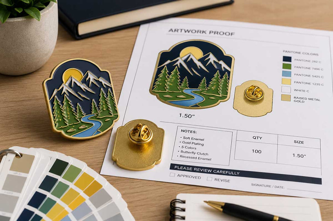 Custom soft enamel pin sample beside an artwork proof sheet with color swatches, backing options, and design notes on a clean desk by Bella Forge