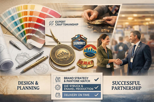 Custom enamel pins and medals process: design planning, expert craftsmanship, and brand partnership with on-time delivery.
