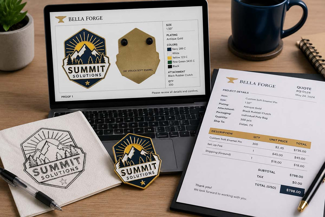 Hand drawn custom enamel pin sketch, Bella Forge digital proof, quote sheet, and finished enamel pin on a clean desk
