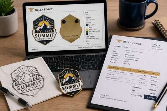 Hand drawn custom enamel pin sketch, Bella Forge digital proof, quote sheet, and finished enamel pin on a clean desk