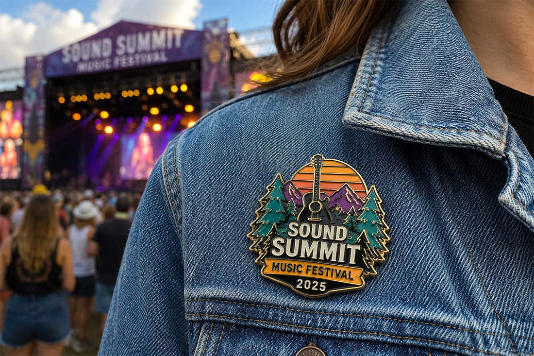 music festival lapel enamel pin on a denim jacket by bella forge