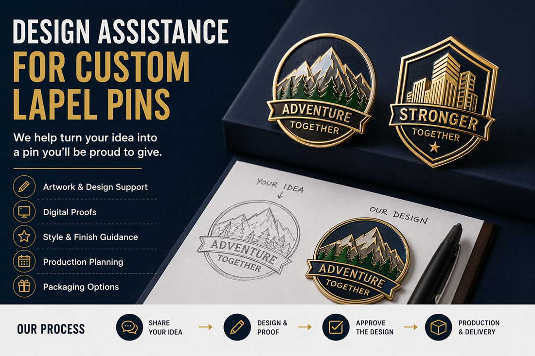 Custom lapel pins with design assistance concept showing finished enamel pins, artwork sketch, digital proof process, and production planning for Bella Forge custom pin orders.