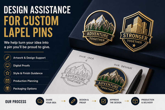 Custom lapel pins with design assistance concept showing finished enamel pins, artwork sketch, digital proof process, and production planning for Bella Forge custom pin orders.