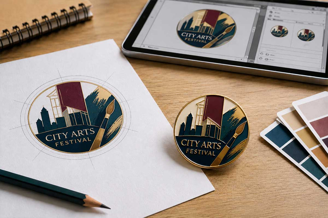 Custom lapel pin design review showing an art festival logo sketch, digital proof, color swatches, and finished enamel pin sample on a clean design desk by Bella Forge